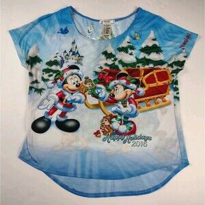 Disney Parks World Christmas Shirt 2016 Mickey Mousey Goofy Women Large Holidays